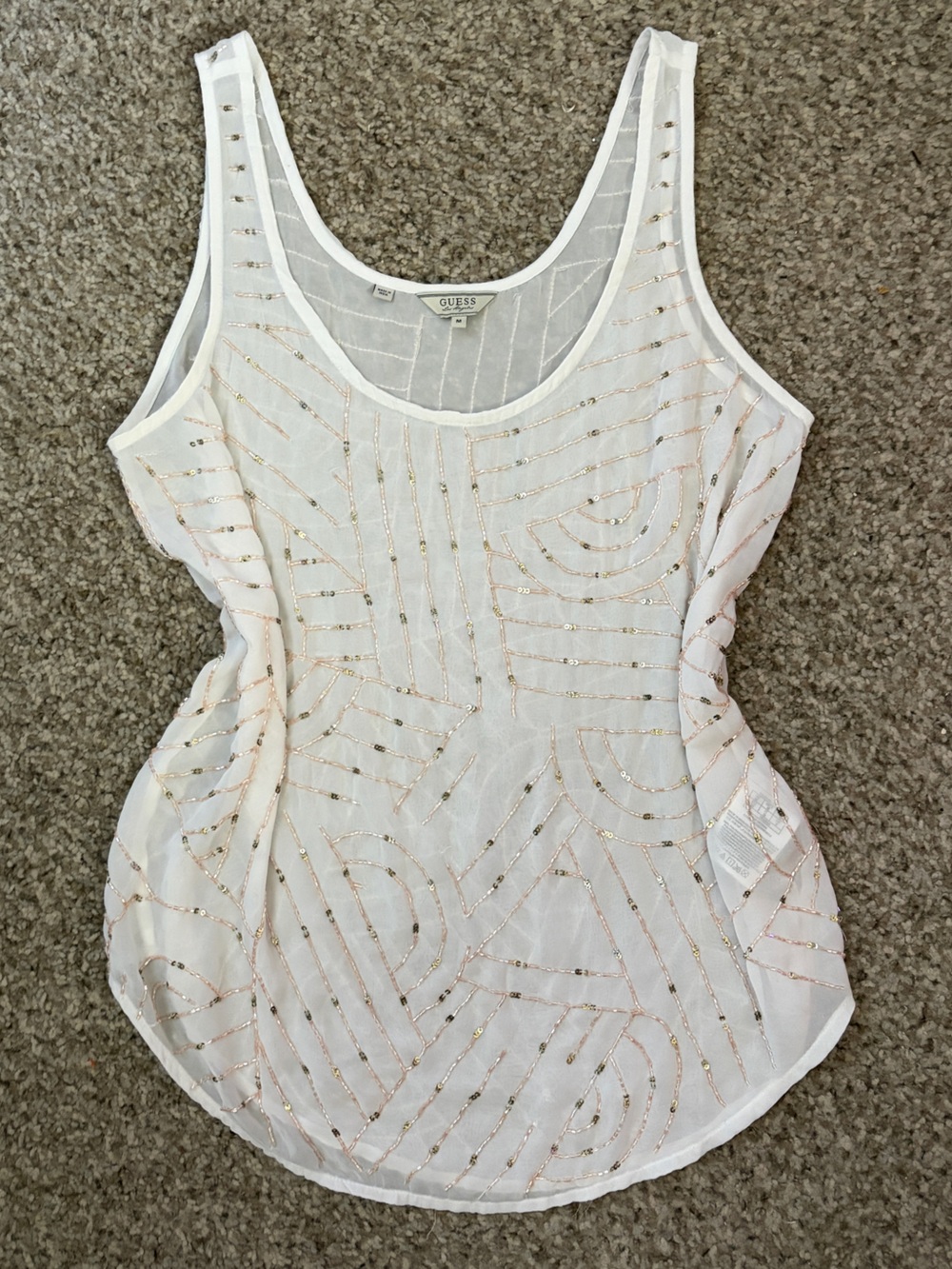 Guess White Beaded Racerback Tank with Gold Accents